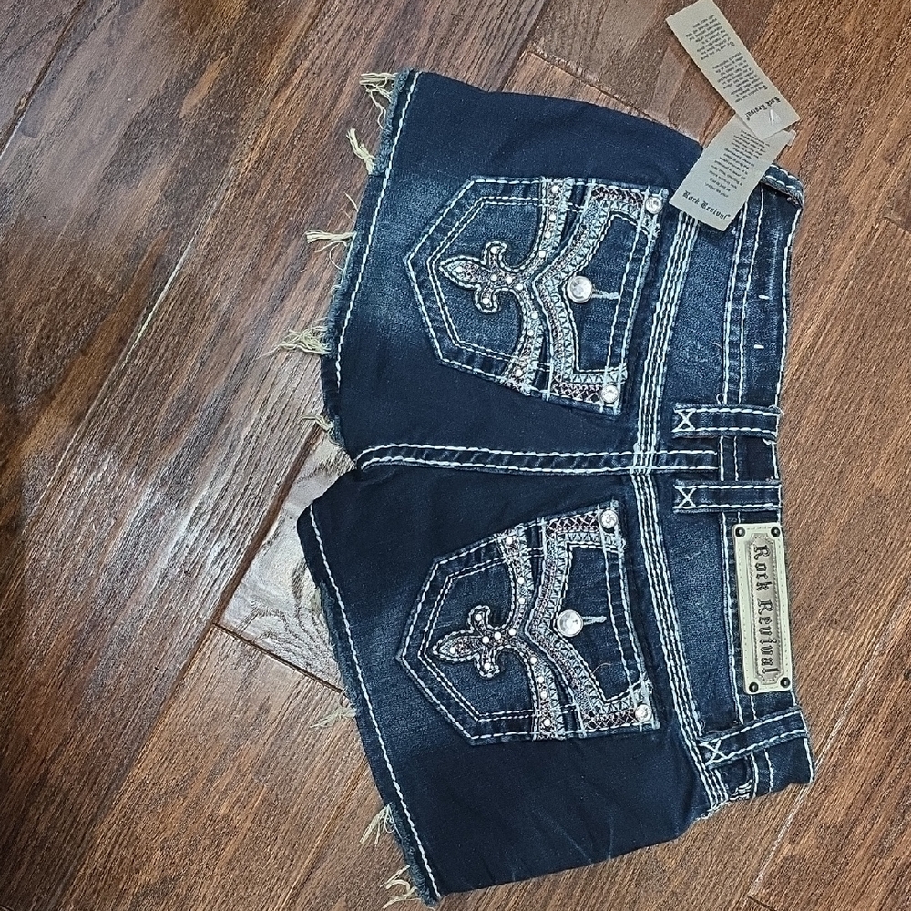 Rock Revival Dark Blue Denim Shorts with Silver Accents